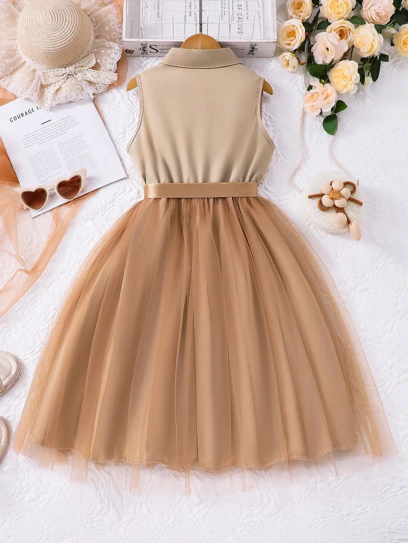 Girls Sleeveless Collared Dress with Tulle Skirt and Satin Bow Belt, Beige Summer Casual