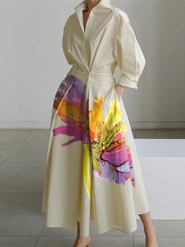 Women's Dress 2025 Spring Summer Flower Printed Lapel Collar Long Sleeves High Waist Pleated Dress Casual A-line Dress