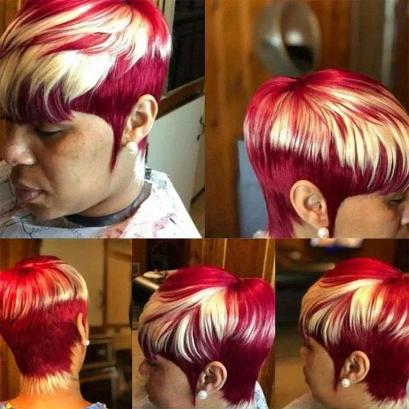Short Pixie Cut Wig Human Hair For Women 6 inch 613/red straight hair Machine Made Wigs With Bangs Short Wig Human Hair Wigs
