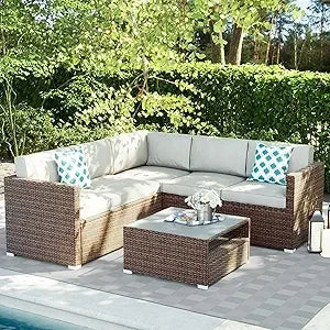 Outdoor Sectional 5-Piece Wicker Patio Furniture Set Sofa Conversation Set w 50,000 BTU Rectangle Fire Pit Coffee Table Wind Gu