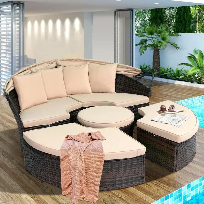 NEW Outdoor Patio Daybed with Retractable Canopy, Wicker Rattan Sectional Round Sofa Furniture Set, 5 Pieces Seating Separates