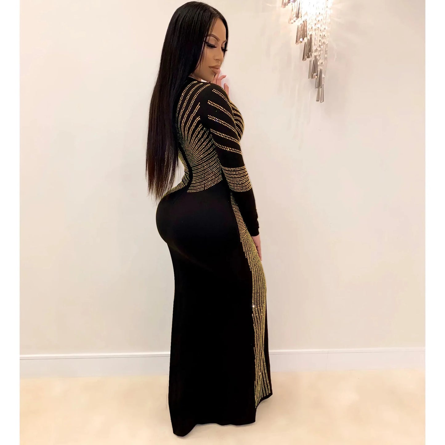 Women High Split Long Dress Shiny Rhinestone Long Sleeve Bodycon Evening Party Dress Elegant O-Neck Wrapped Hip Cocktail Dress