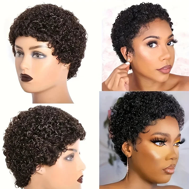 4inch 150% density natural Black wig Afro Curly Machine Made Wigs party use remy wig Short Pixie Cut Brazilian Human Hair