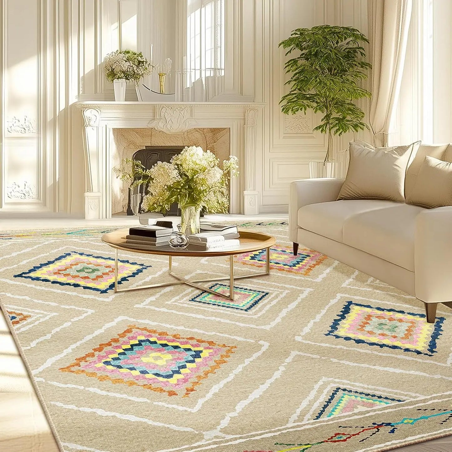 6x9 Area Rug Machine Washable Non-Slip Low Pile Print Pattern Western and Aztec Rug for Living Room Bedroom