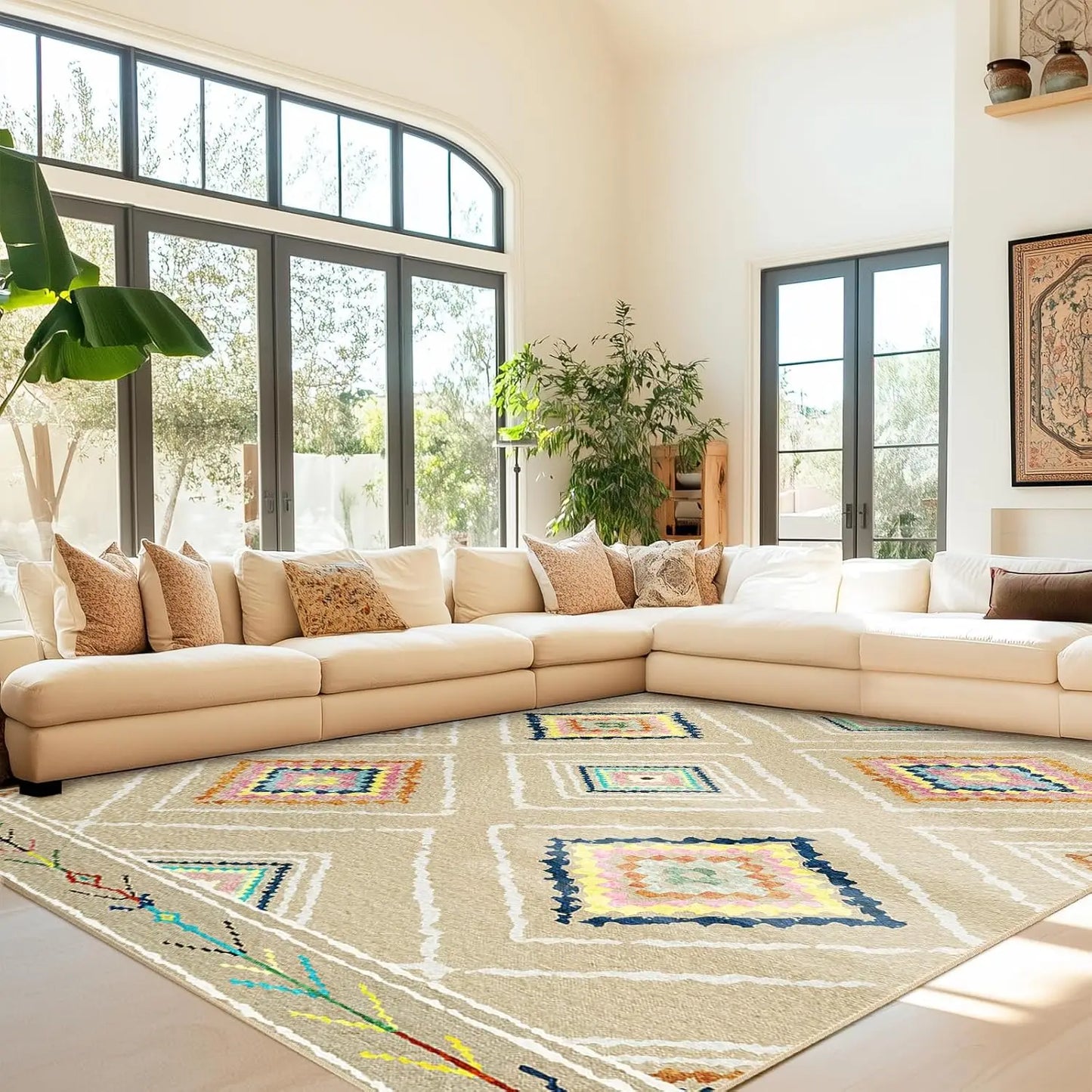 6x9 Area Rug Machine Washable Non-Slip Low Pile Print Pattern Western and Aztec Rug for Living Room Bedroom