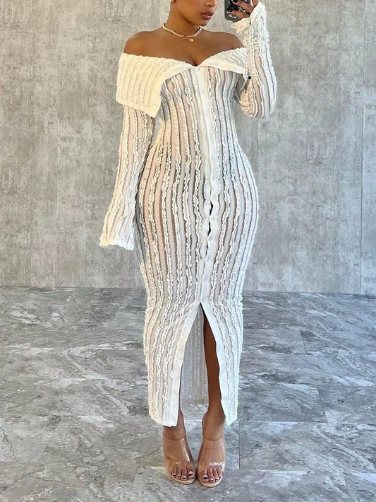 2025 Newest Women's Elegant Off-the-Shoulder Dress Long Sleeve Button Down Pull High Slit Tight Skirt Evening Party
