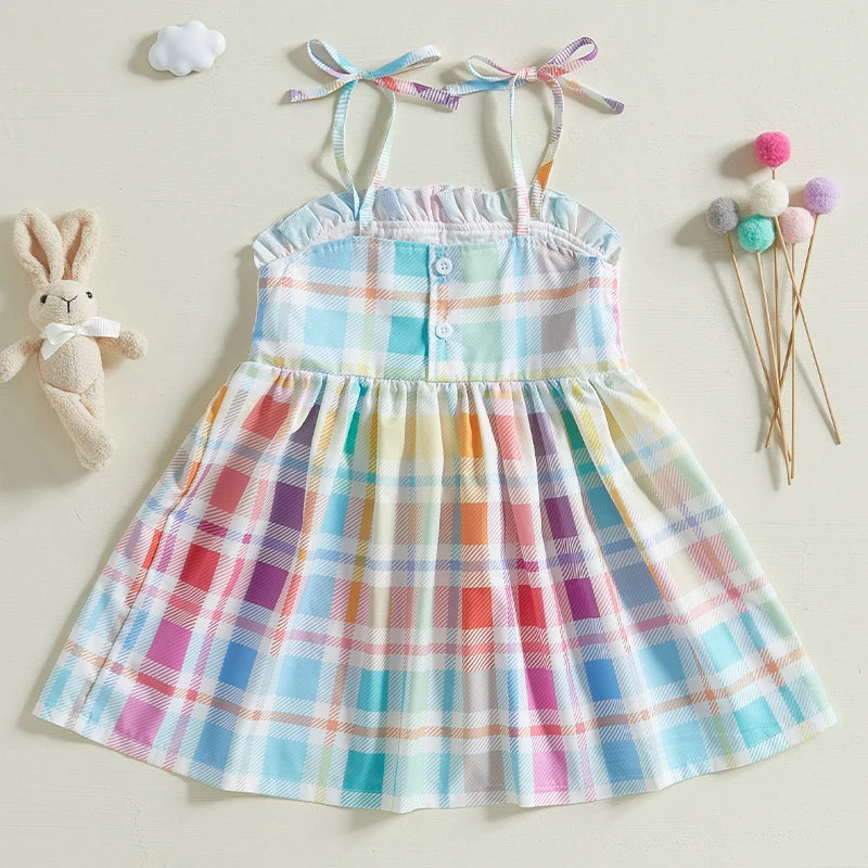 Girls Floral Print Dress Sleeveless Ruffle Hem Bow Tie Back Smocked Dress Toddler A-Line Dress with Embroidery