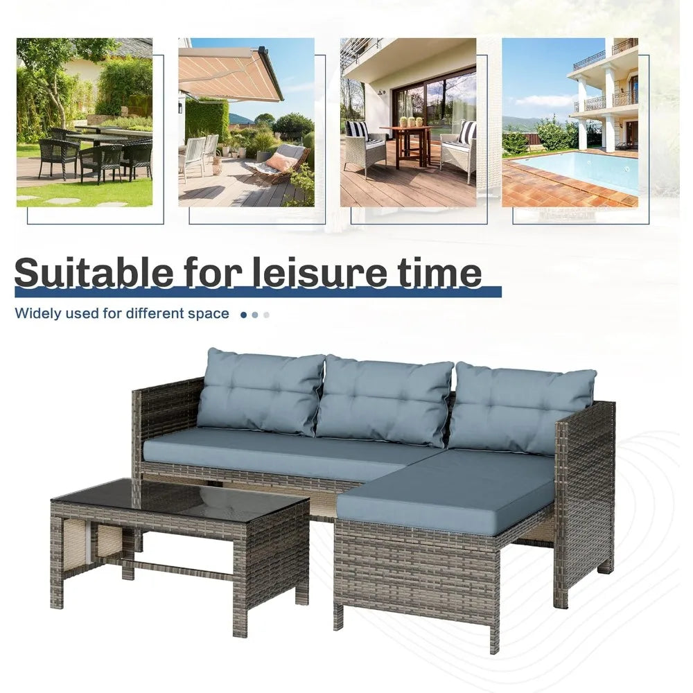 Outdoor Patio Furniture, 3-Piece Waterproof Outdoor Sectional Sofa All-Weather L Shaped Patio Couch with Cushion Glass Table