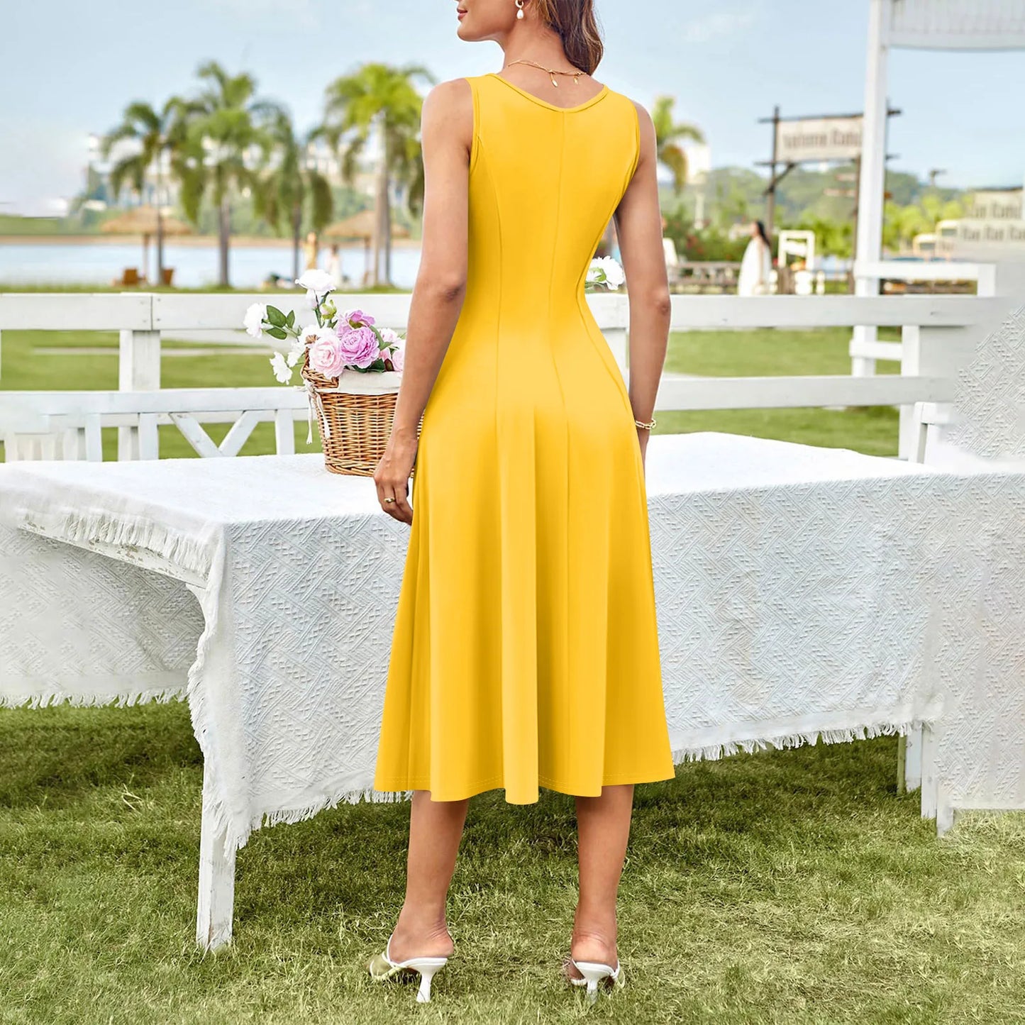 Women's Elegant solid color dress Spring Summer Casual Fashion long dresses Round Neck Sleeveless Side Pocket Midi Dress