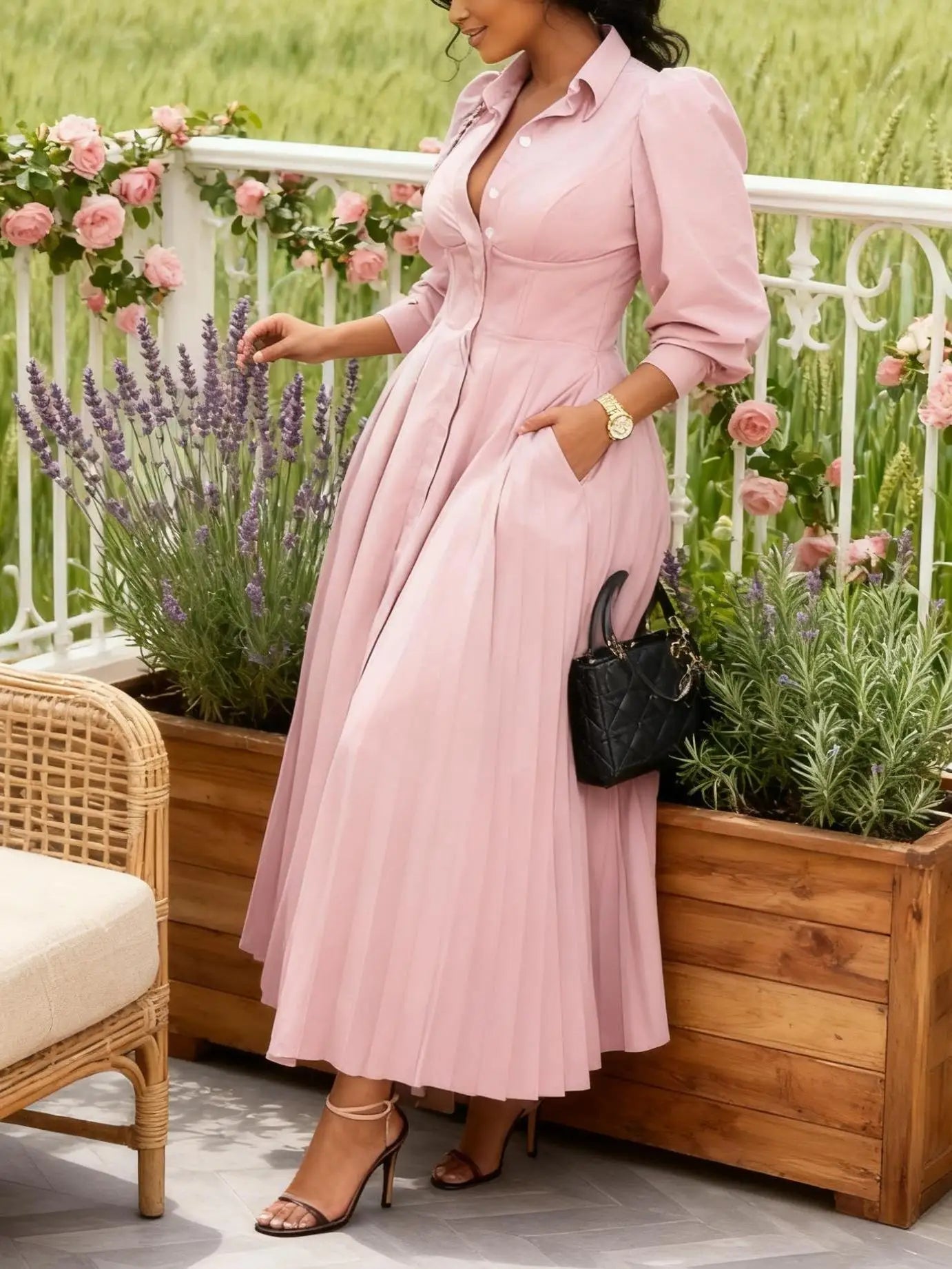 Women'S Plus-Size Elegant V-Neck Wrap-Around A-Line Dress