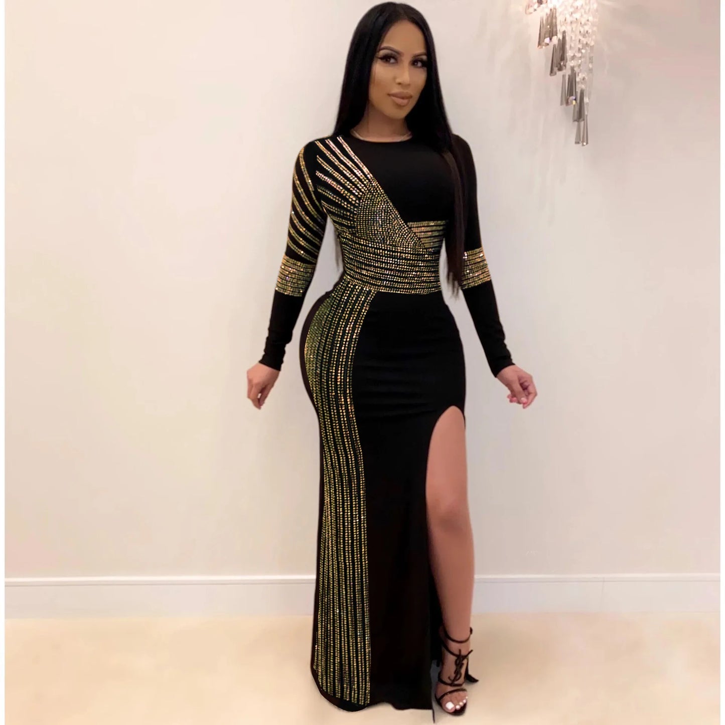 Women High Split Long Dress Shiny Rhinestone Long Sleeve Bodycon Evening Party Dress Elegant O-Neck Wrapped Hip Cocktail Dress