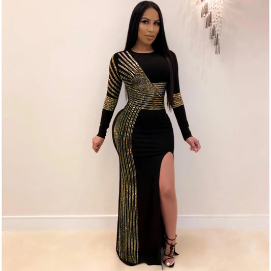 Women High Split Long Dress Shiny Rhinestone Long Sleeve Bodycon Evening Party Dress Elegant O-Neck Wrapped Hip Cocktail Dress