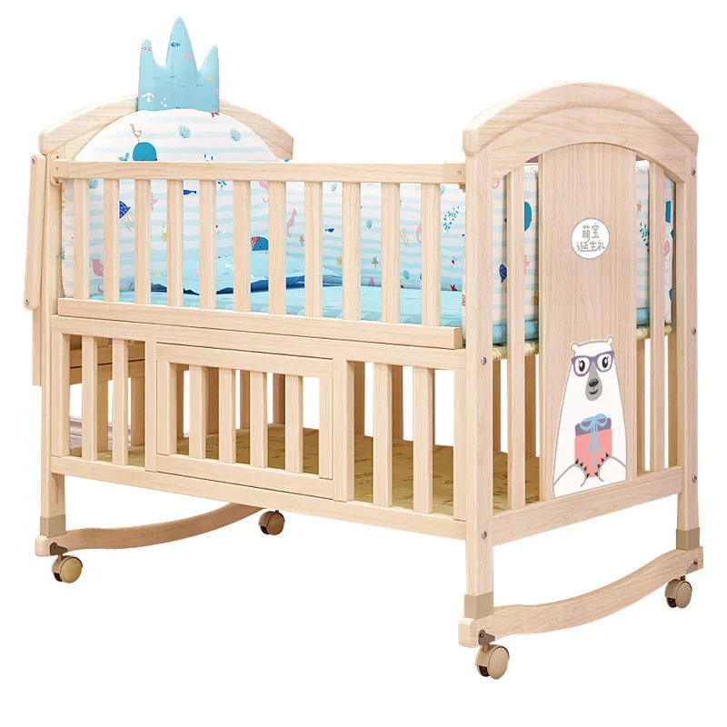 Comfortable Baby Bed,Solid Wood,Movable,with Diaper Changing Table and Mosquito Net,Multifunctional Baby Bed, Adjustable Height