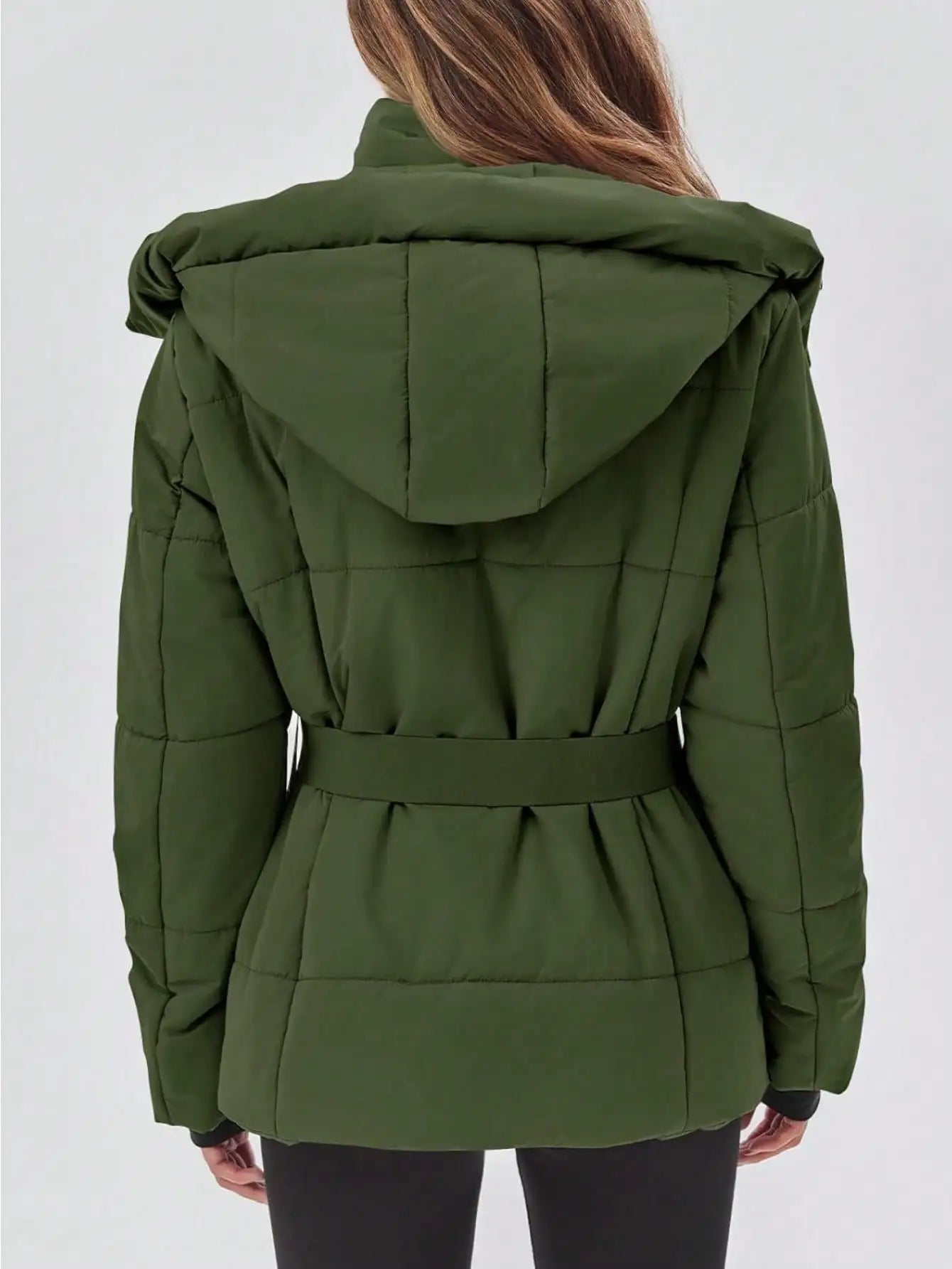 Fisoew women's Belted Puffer Jacket, Women's Waterproof Ski Coat With Hood, Quilted Winter Snowsuit Aesthetic