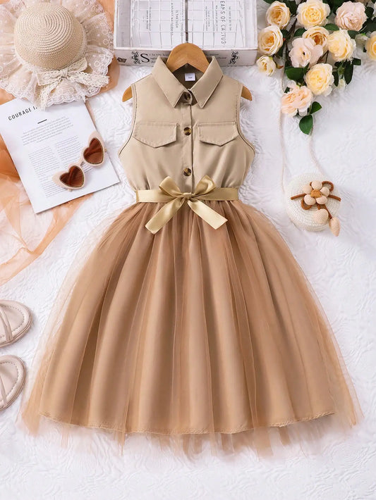 Girls Sleeveless Collared Dress with Tulle Skirt and Satin Bow Belt, Beige Summer Casual