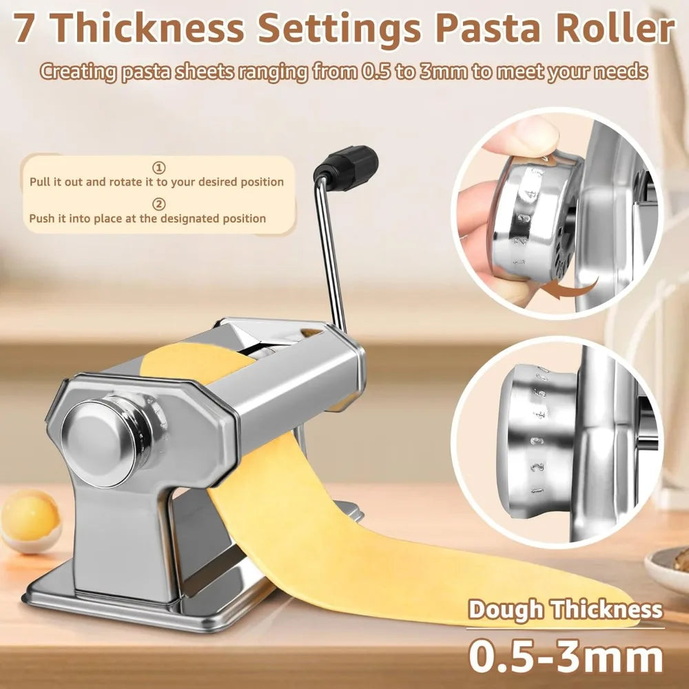 Stainless Steel Pasta Machine with 7 Thickness Settings, 2-in-1 Cutter for Homemade Spaghetti, Fettuccine, Ravioli