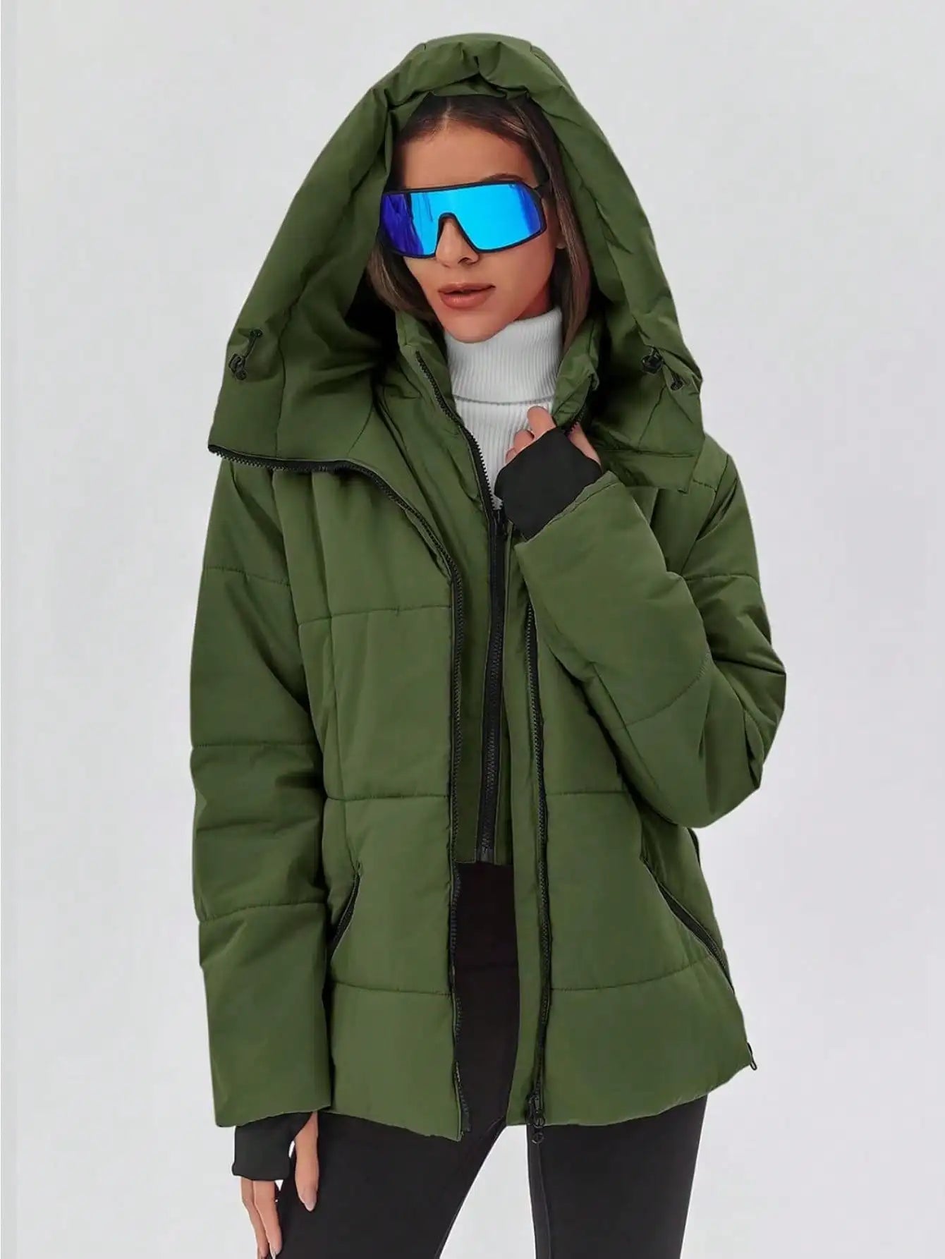 Fisoew women's Belted Puffer Jacket, Women's Waterproof Ski Coat With Hood, Quilted Winter Snowsuit Aesthetic