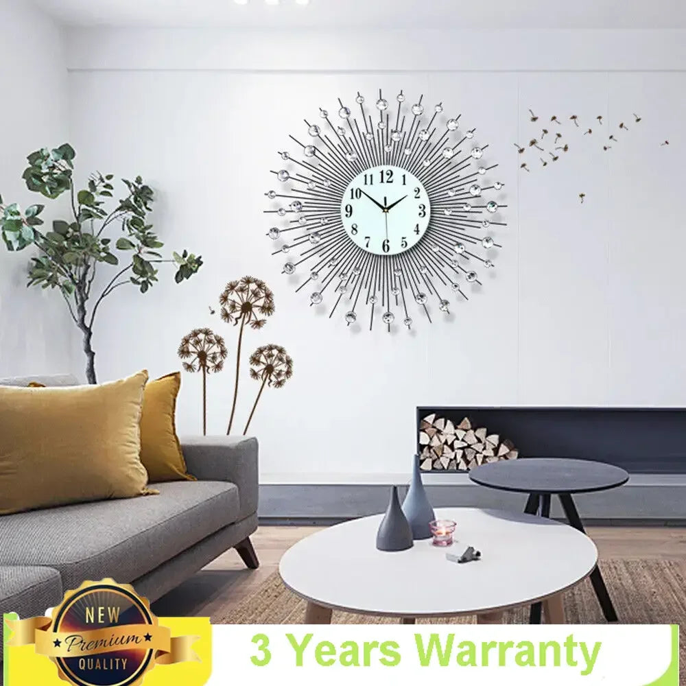 3D Large Metal Sunburst Wall Clock Luxury Battery Operated Home Decor Modern Round Diamond Large Luxury Art Wall Watch 60x60cm