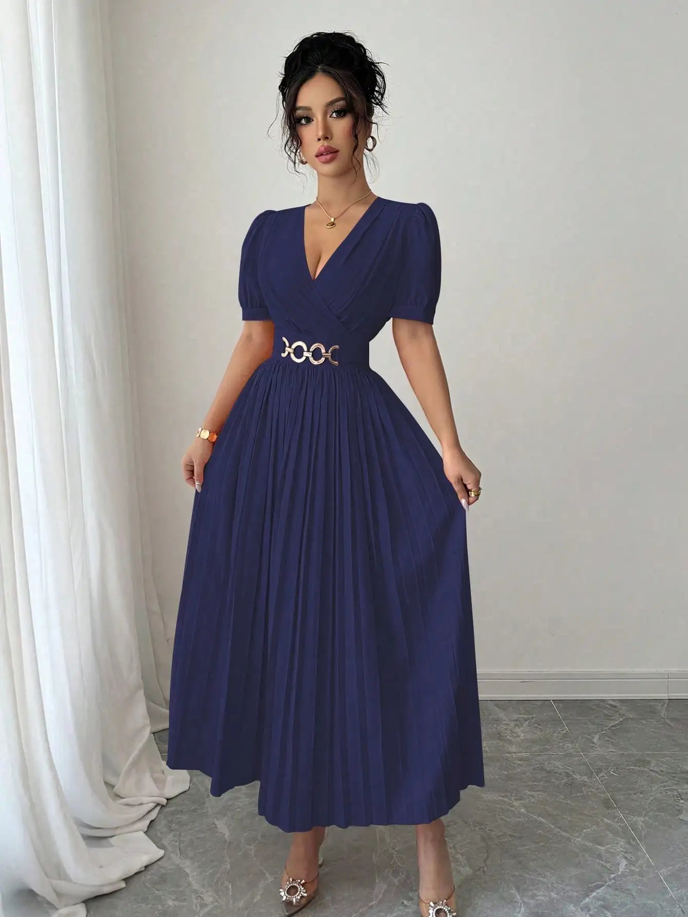 Peach Pleated A-Line Dress with V-Neck, Puffed Sleeves and Decorative Waist Belt