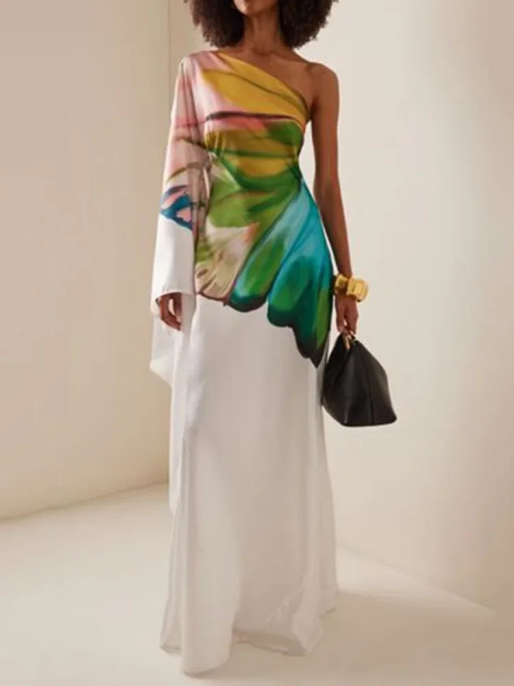 Female Stylish Flower Print One-Shoulder Party Evening Maxi Dresses 2025 New Asymmetric High Waist A-line Long Dress