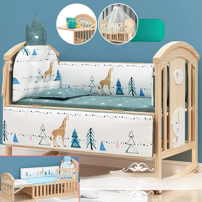 Comfortable Baby Bed,Solid Wood,Movable,with Diaper Changing Table and Mosquito Net,Multifunctional Baby Bed, Adjustable Height