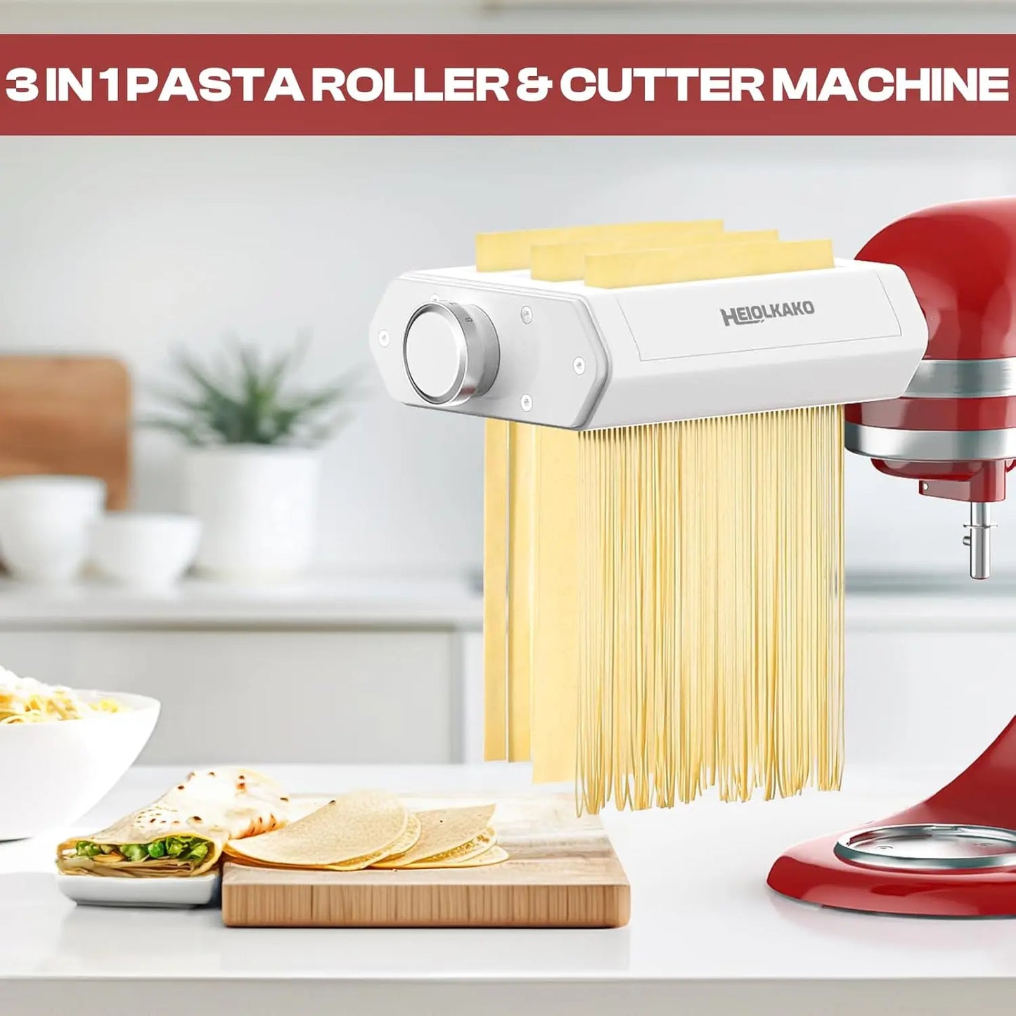 3-in-1 Pasta Maker Attachment for Stand Mixers, Includes Spaghetti, Fettuccine Cutter and Sheet Roller
