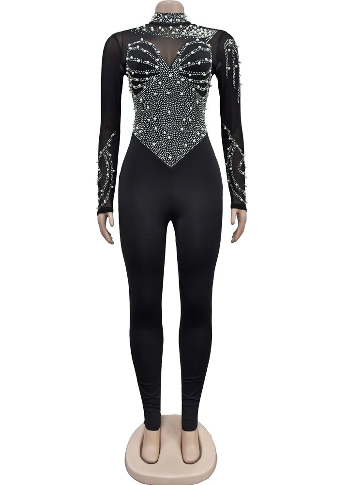 Beyprern Women's Sheer Mesh Crystal Jumpsuits One Piece Outfits Glam Fitted Long Sleeve Pearls Rhinestone Rompers Club Overalls