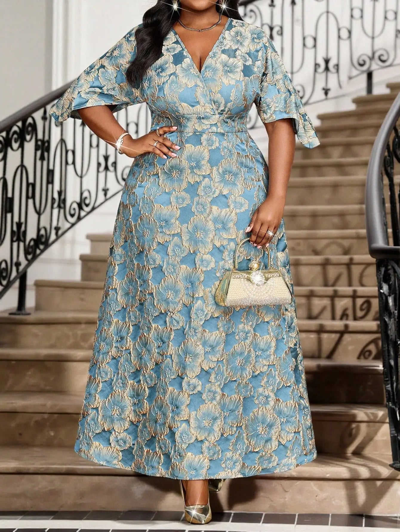 2025 Plus Size V-Neck Floral Gold Embroidered Midi Dress for Party & Christmas