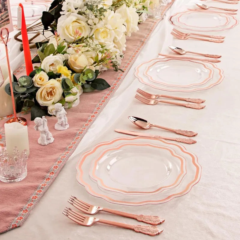 150PCS Rose Gold Plastic Plates&Rose Gold Silverware-Include 30Dinner Plates, 30Salad plates, 90 Disposable Rose Gold Utensils