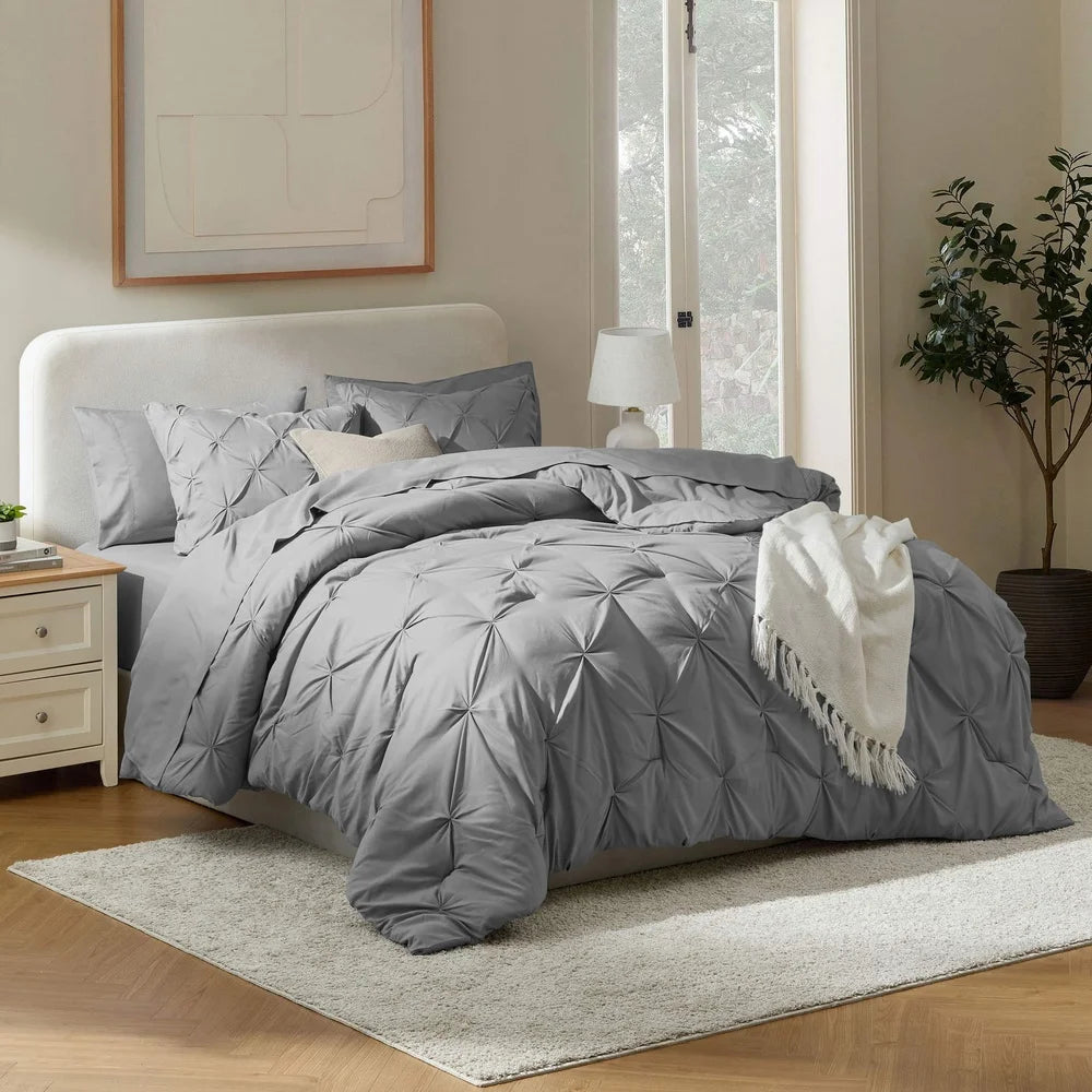 Queen 7 Piece Comforter Set Lightweight Pinch Pleated Bedding Bed In A Bag Soft Microfiber Stain Resistant Elegant Design Adults