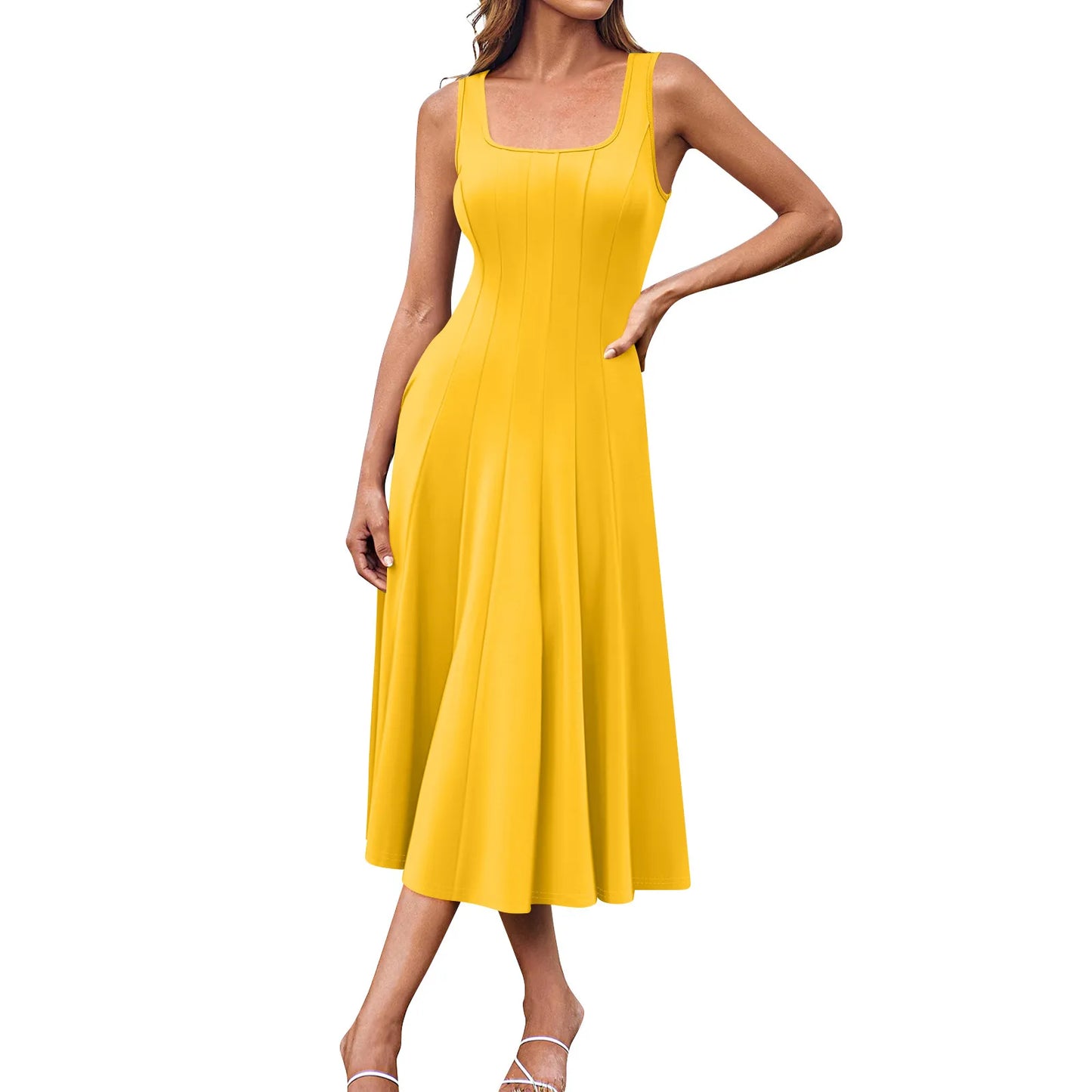 Women's Elegant solid color dress Spring Summer Casual Fashion long dresses Round Neck Sleeveless Side Pocket Midi Dress