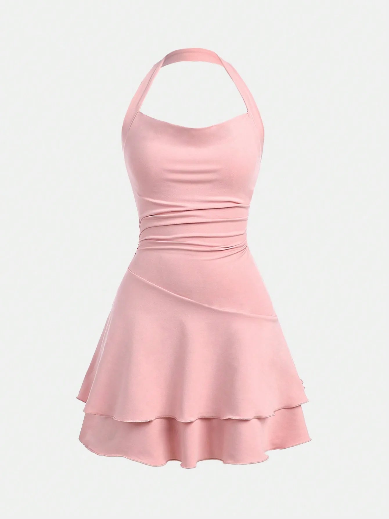 Pink Halter Neck Ruffle Hem Skater Dress for Teen Girls