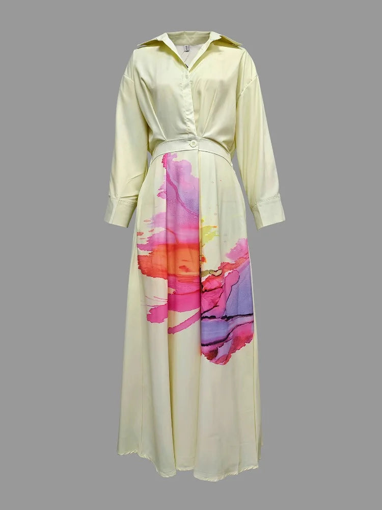 Women's Dress 2025 Spring Summer Flower Printed Lapel Collar Long Sleeves High Waist Pleated Dress Casual A-line Dress