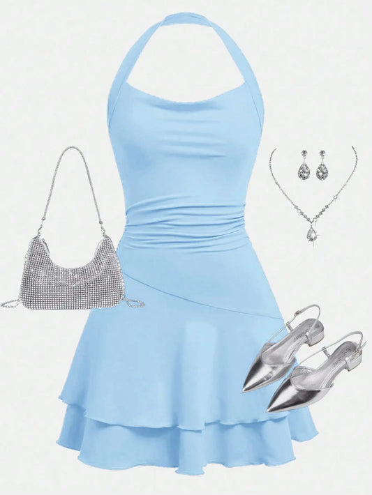 Pink Halter Neck Ruffle Hem Skater Dress for Teen Girls