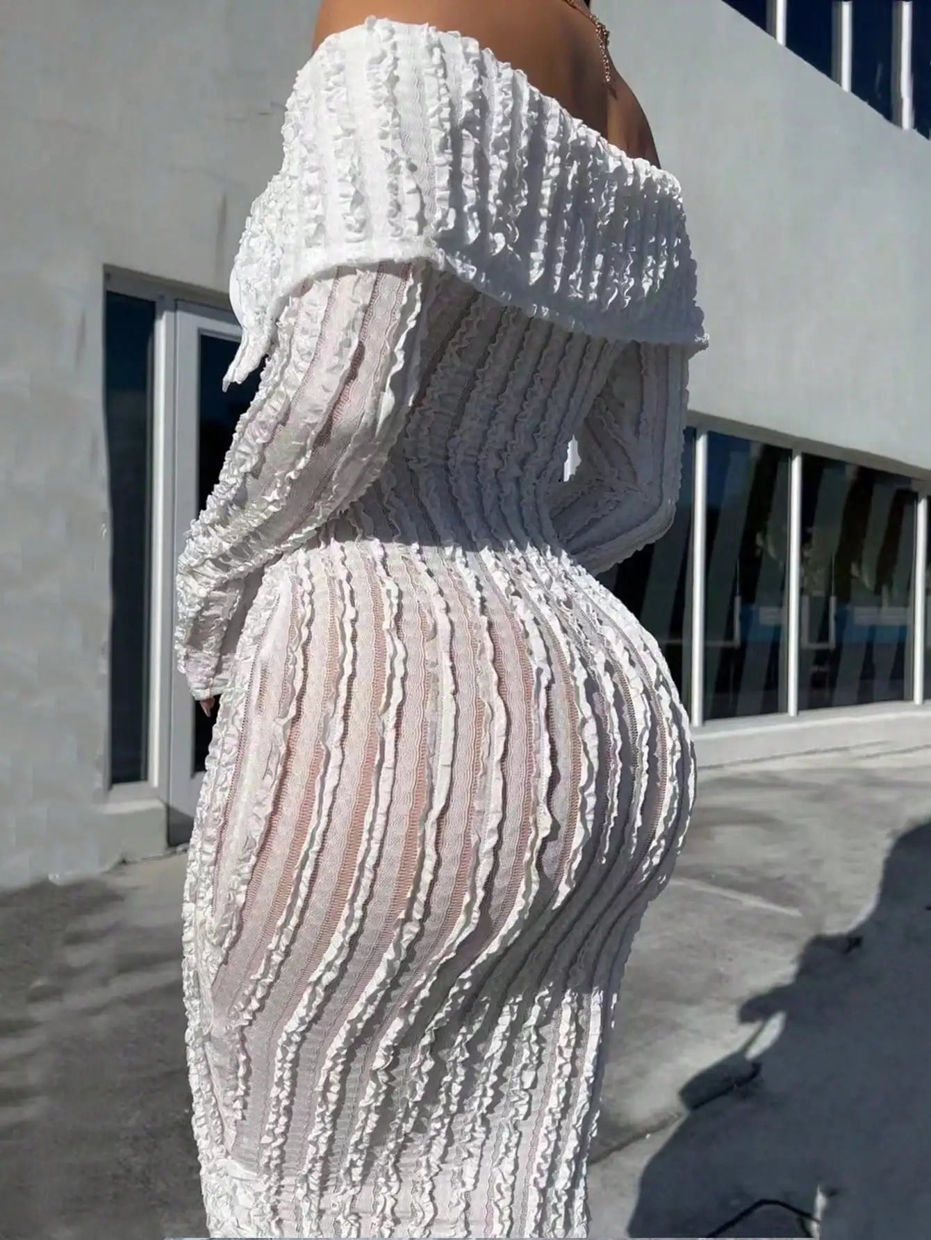 2025 Newest Women's Elegant Off-the-Shoulder Dress Long Sleeve Button Down Pull High Slit Tight Skirt Evening Party
