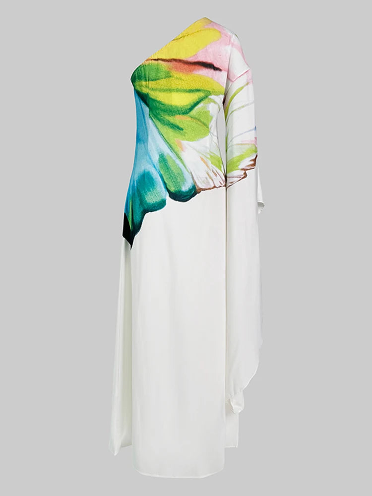 Female Stylish Flower Print One-Shoulder Party Evening Maxi Dresses 2025 New Asymmetric High Waist A-line Long Dress