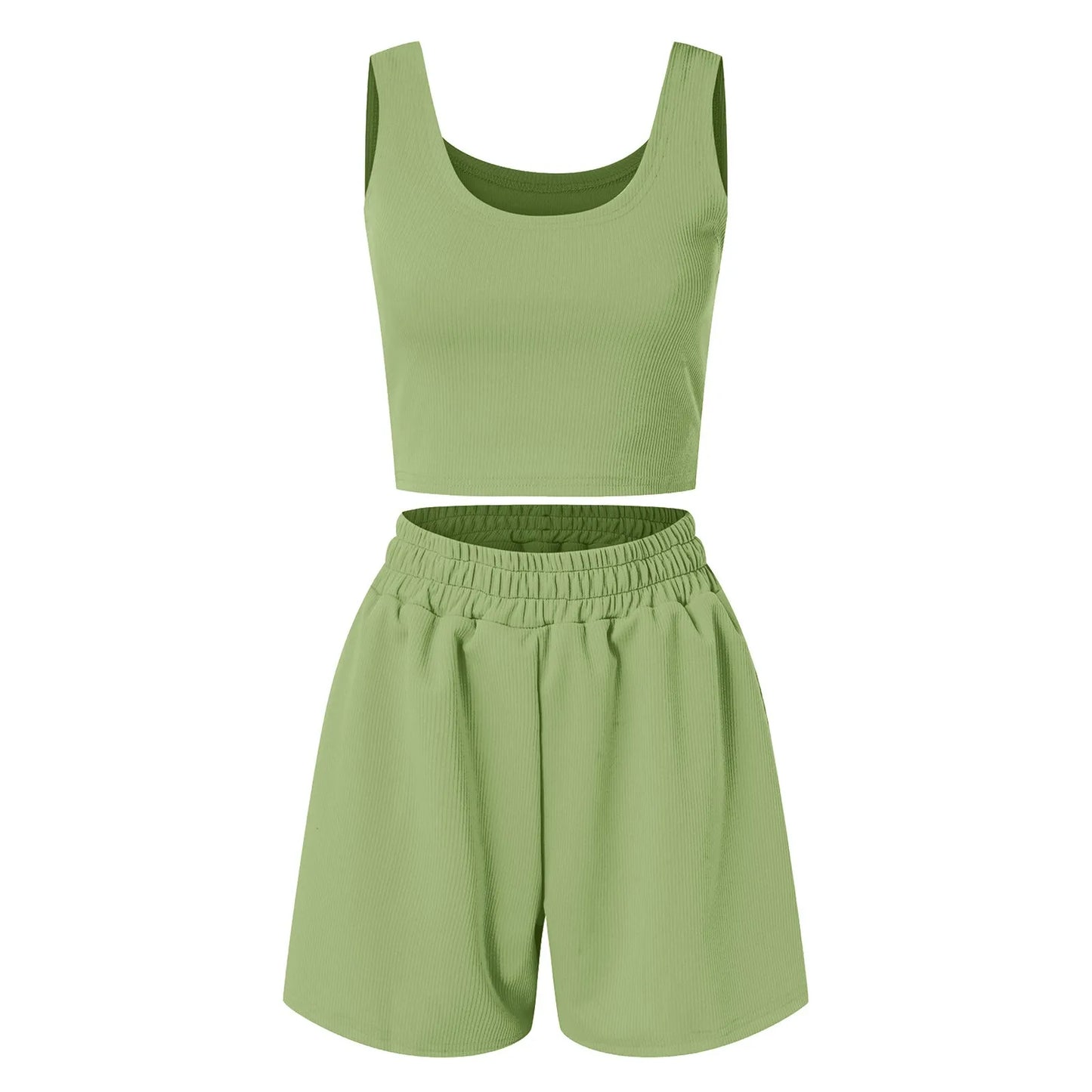 Two Piece Outfits Women Summer Shorts Sets Sleeveless Crop Top And High Waist Shorts 2 Piece Outfit Soild-Color Casual Set