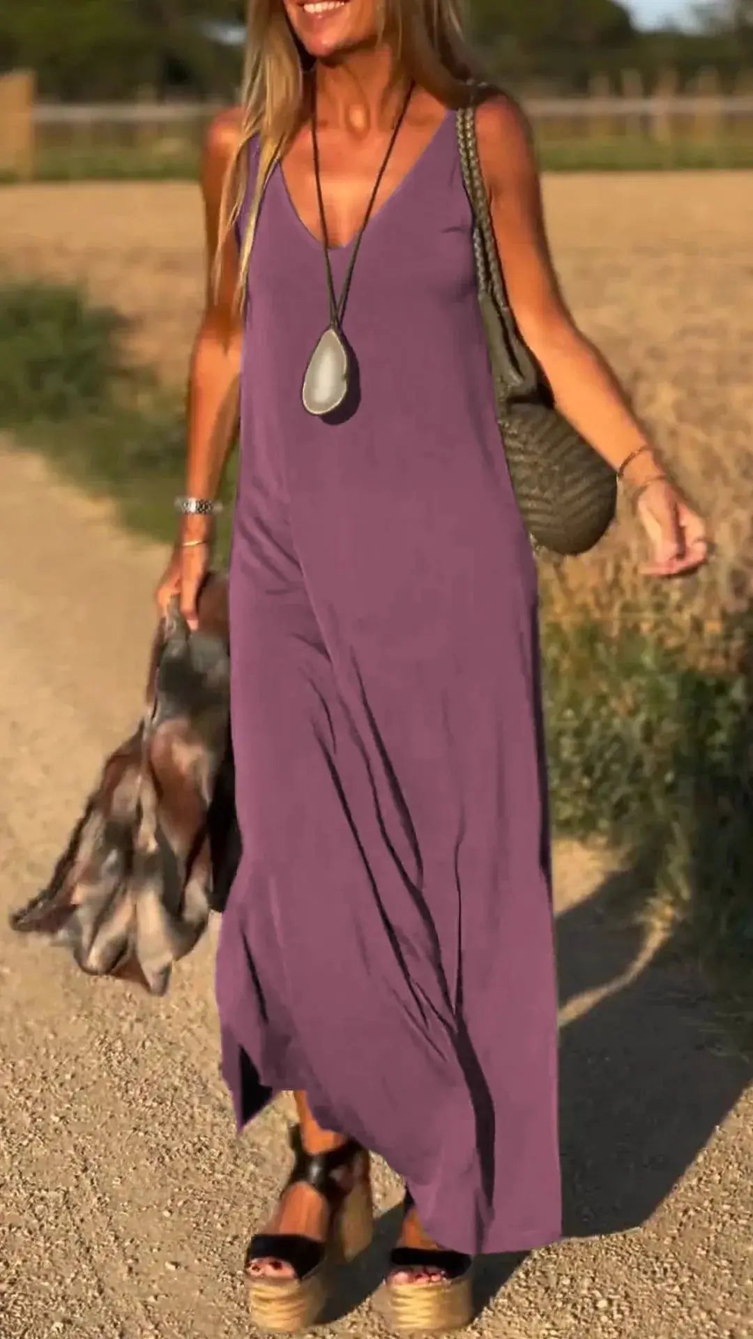 2025 Summer New Women's Fashion Solid Color Sexy V-neck Sleeveless Strap Casual Loose Long Ankle Dress