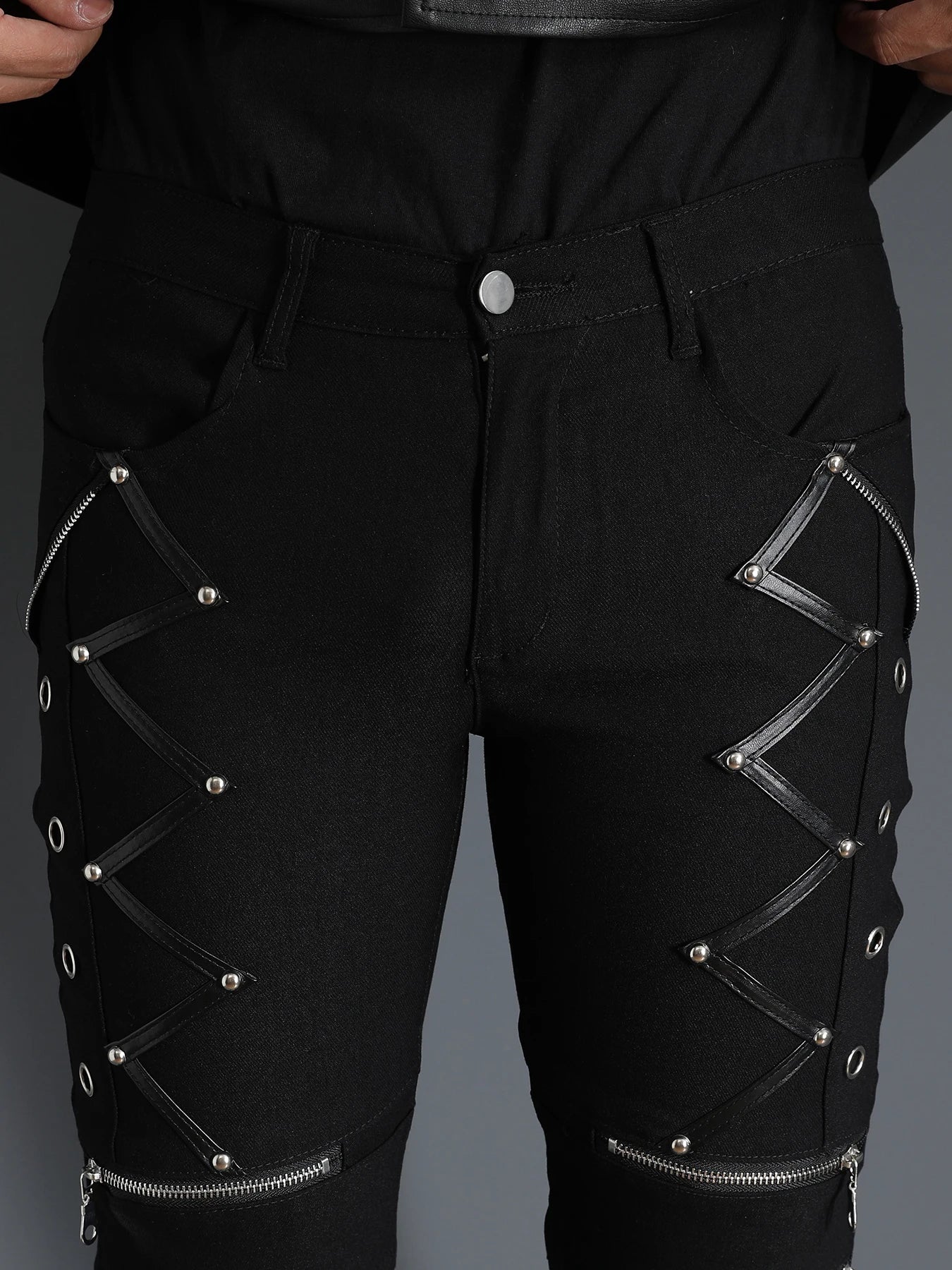 Men's Motorcycle Gothic Steampunk Stylish rock style Zippers studded  Rivet Elastic Stretchy Night Club Denim Jeans Biker Pants