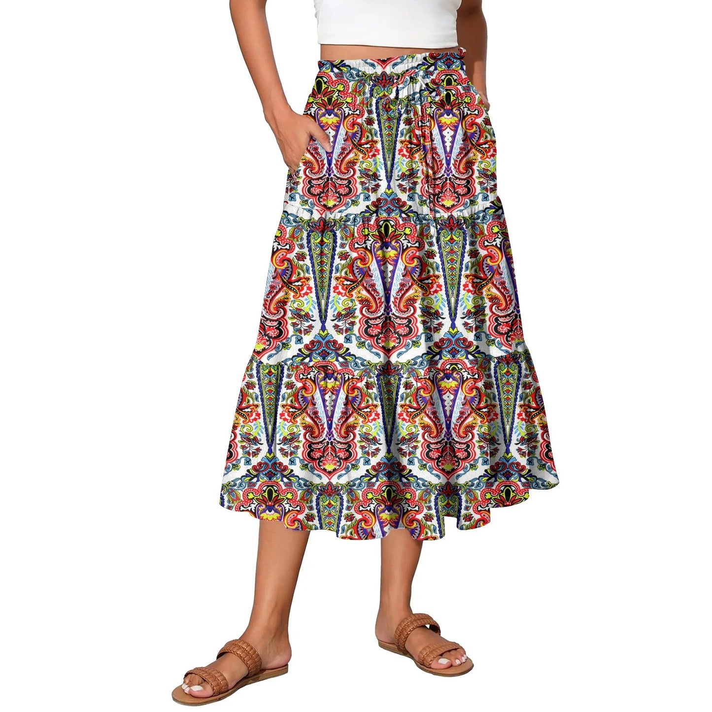 Womens Maxi Skirt Drawstring High Waisted Summer Long Skirts Lightweight Tiered Flowy Floral Pleated Skirts Vestidos Para Mujer