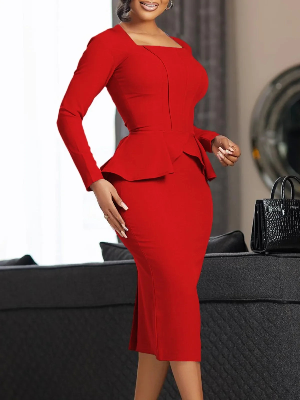Women Solid Color Dress Long Sleeved Square Neck Conservative OL Elegant Ruffled African Dress 2024 Autumn New Hip Hugging Dress