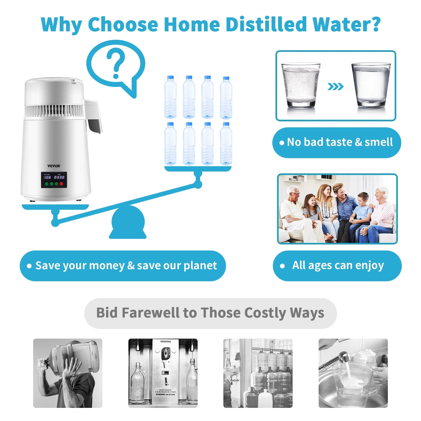 VEVOR 4L Water Distiller 1L/H Water Maker Machine w/ Timing&Temp Display 304 Stainless Steel Countertop for Offices Homes White