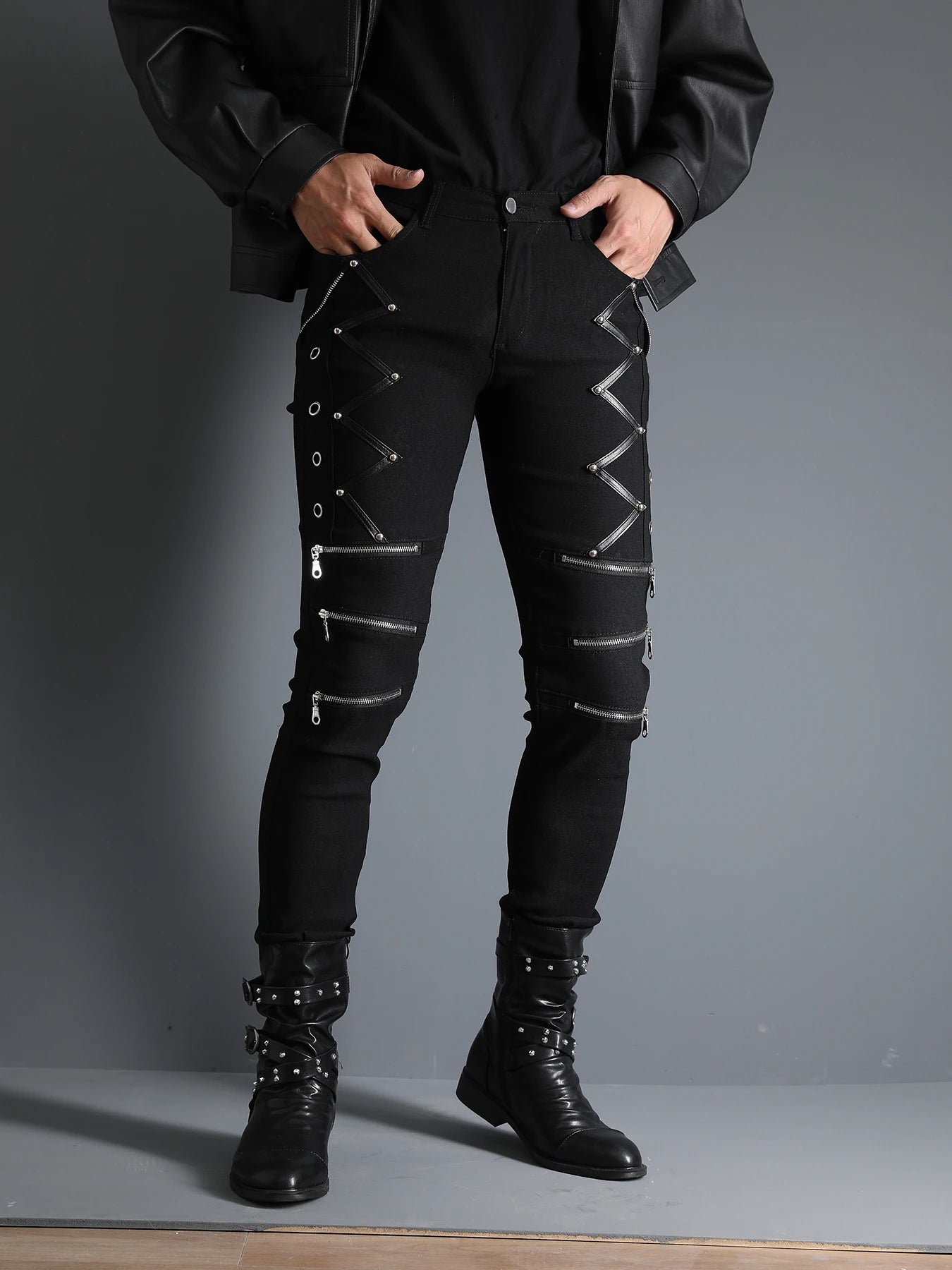 Men's Motorcycle Gothic Steampunk Stylish rock style Zippers studded  Rivet Elastic Stretchy Night Club Denim Jeans Biker Pants