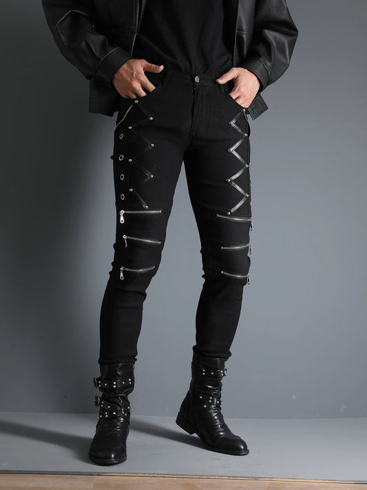 Men's Motorcycle Gothic Steampunk Stylish rock style Zippers studded  Rivet Elastic Stretchy Night Club Denim Jeans Biker Pants