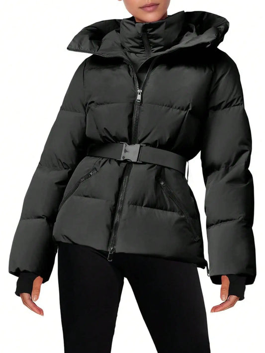 Fisoew women's Belted Puffer Jacket, Women's Waterproof Ski Coat With Hood, Quilted Winter Snowsuit Aesthetic