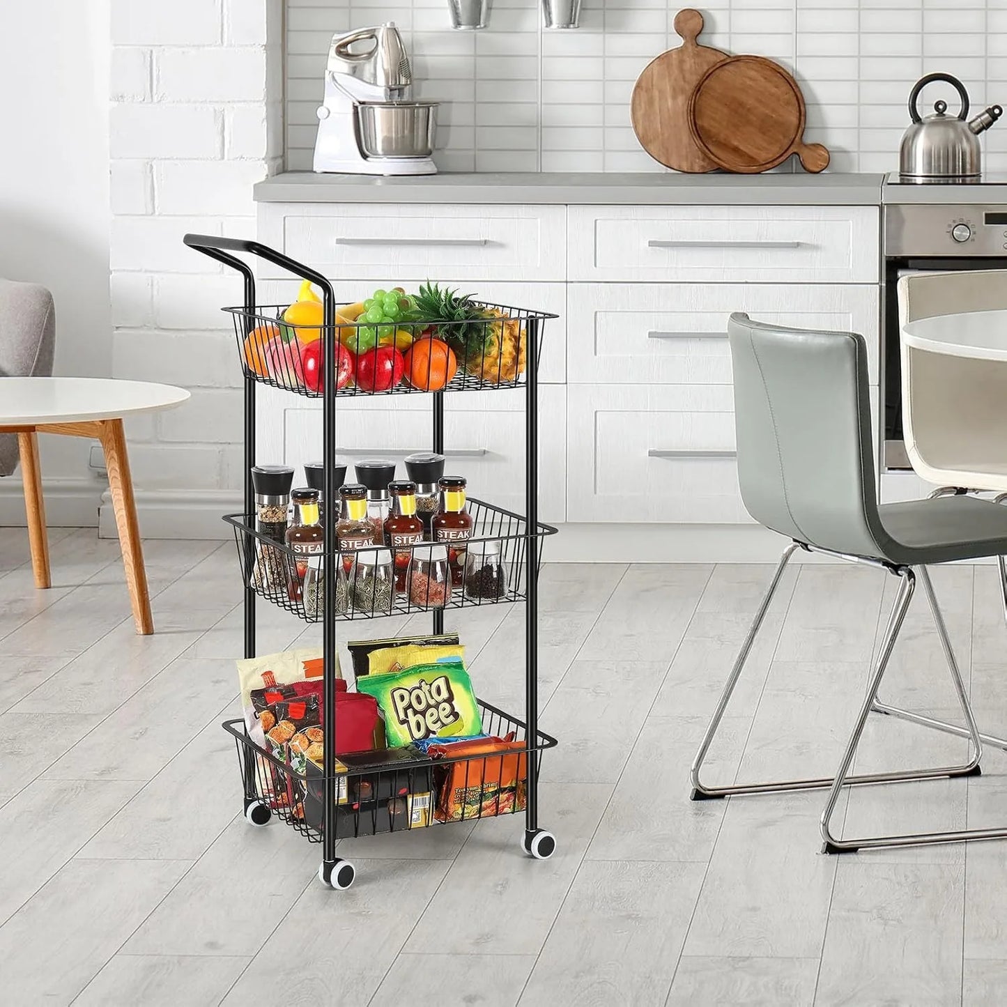Metal 3-Tier Rolling Kitchen Cart | Multi-Purpose Storage with Handle & Basket | Living/Dining/Laundry Utility Cart, Black