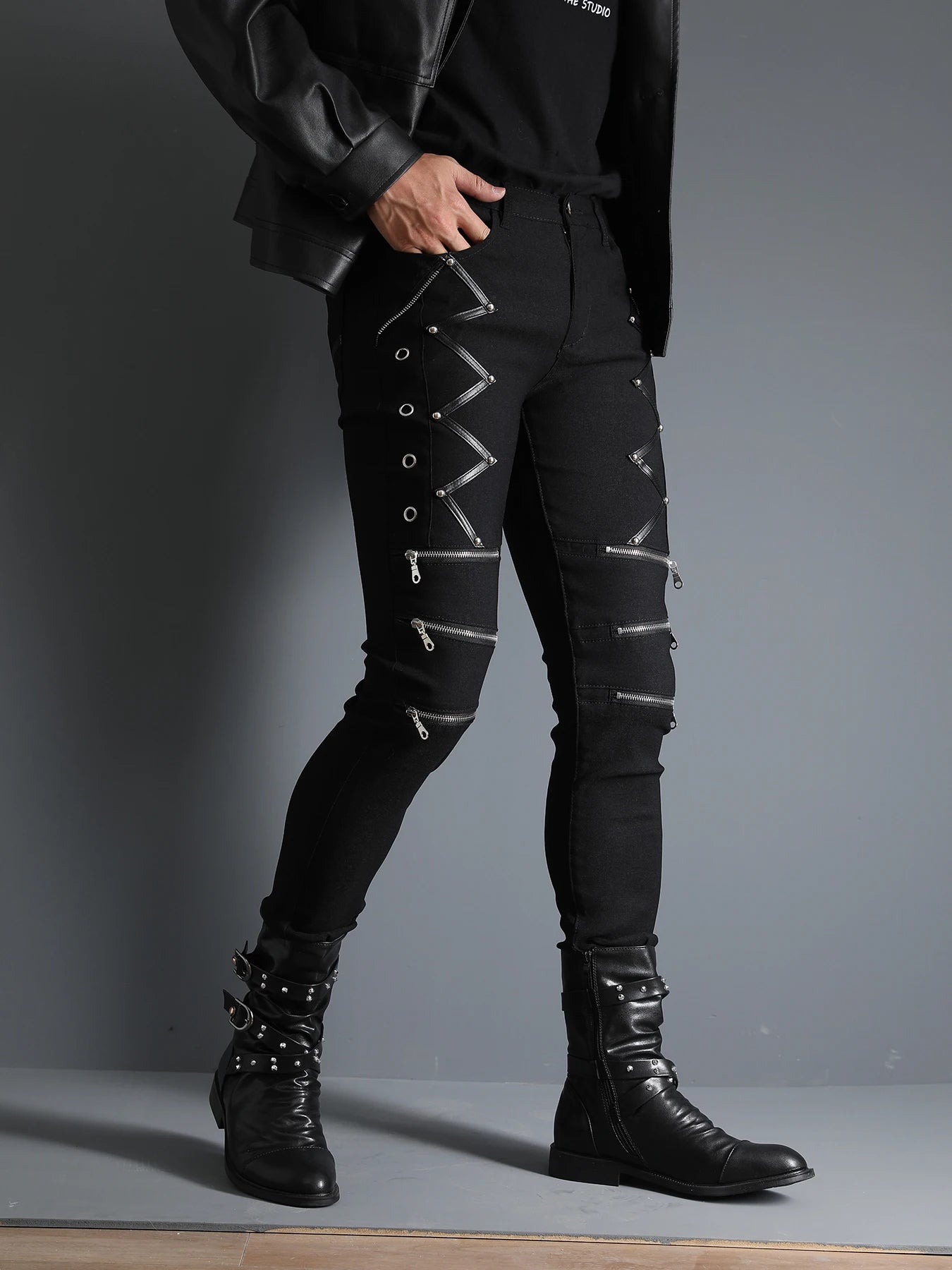 Men's Motorcycle Gothic Steampunk Stylish rock style Zippers studded  Rivet Elastic Stretchy Night Club Denim Jeans Biker Pants