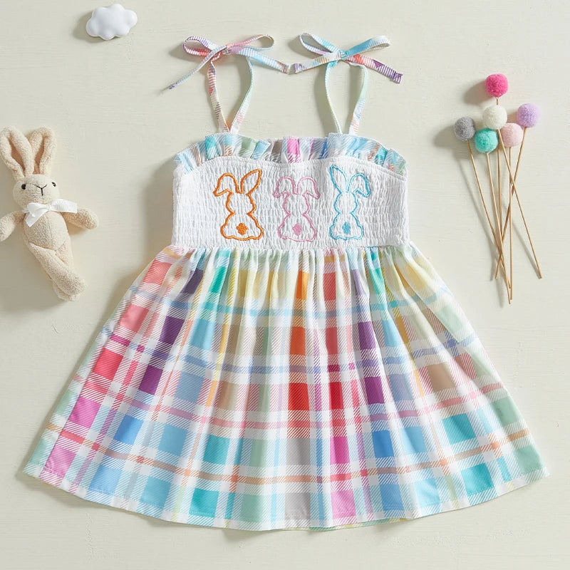 Girls Floral Print Dress Sleeveless Ruffle Hem Bow Tie Back Smocked Dress Toddler A-Line Dress with Embroidery