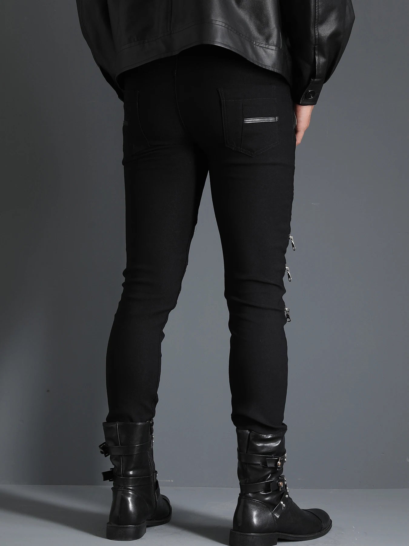 Men's Motorcycle Gothic Steampunk Stylish rock style Zippers studded  Rivet Elastic Stretchy Night Club Denim Jeans Biker Pants