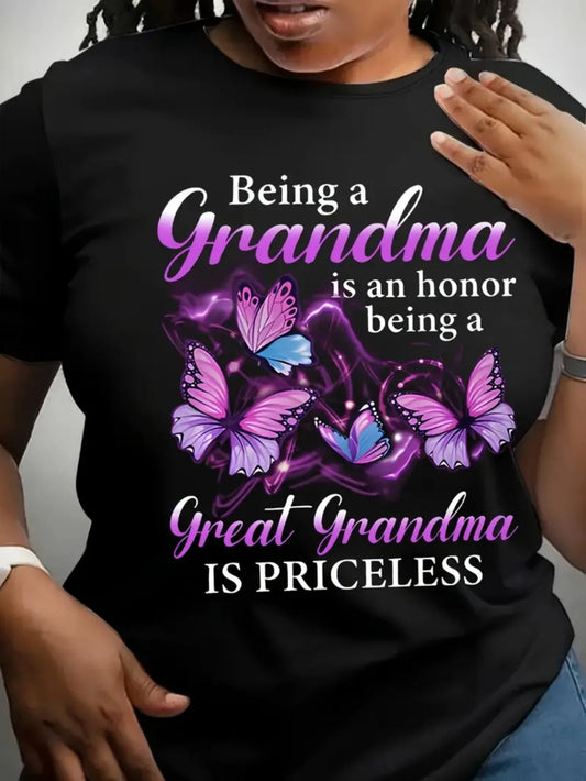 Women's Short Sleeved Grandmother Butterfly Print T-shirt Round Neck Suitable for All Seasons Casual Cotton Top Women Clothes